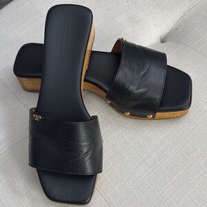 Tory Burch Black Leather Mules with Wooden Heel